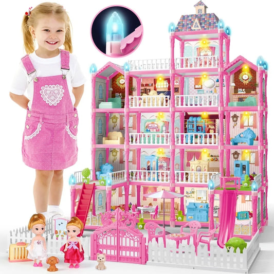 Casa De Muñecas Para Niñas, Casa De Muñecas Enorme De 5 Pisos Y 19 Habitaciones Con Luces LED, 2 Muñecas, Muebles, Accesorios, Juguetes De Casa De Juegos De Simulación DIY, Regalos Para Niños, Rosa